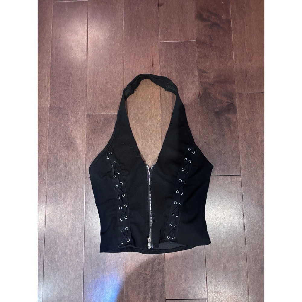 Black Halter Neck Corset Top Zipper Front Lace Up Grommet Edgy Streetwear